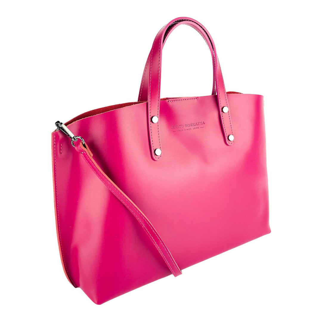 RB1024BE | Women's handbag in genuine leather Made in Italy with removable shoulder strap. Large internal removable bag. Glossy gunmetal accessories - Fuchsia color - Dimensions: 48x31x11 cm-0