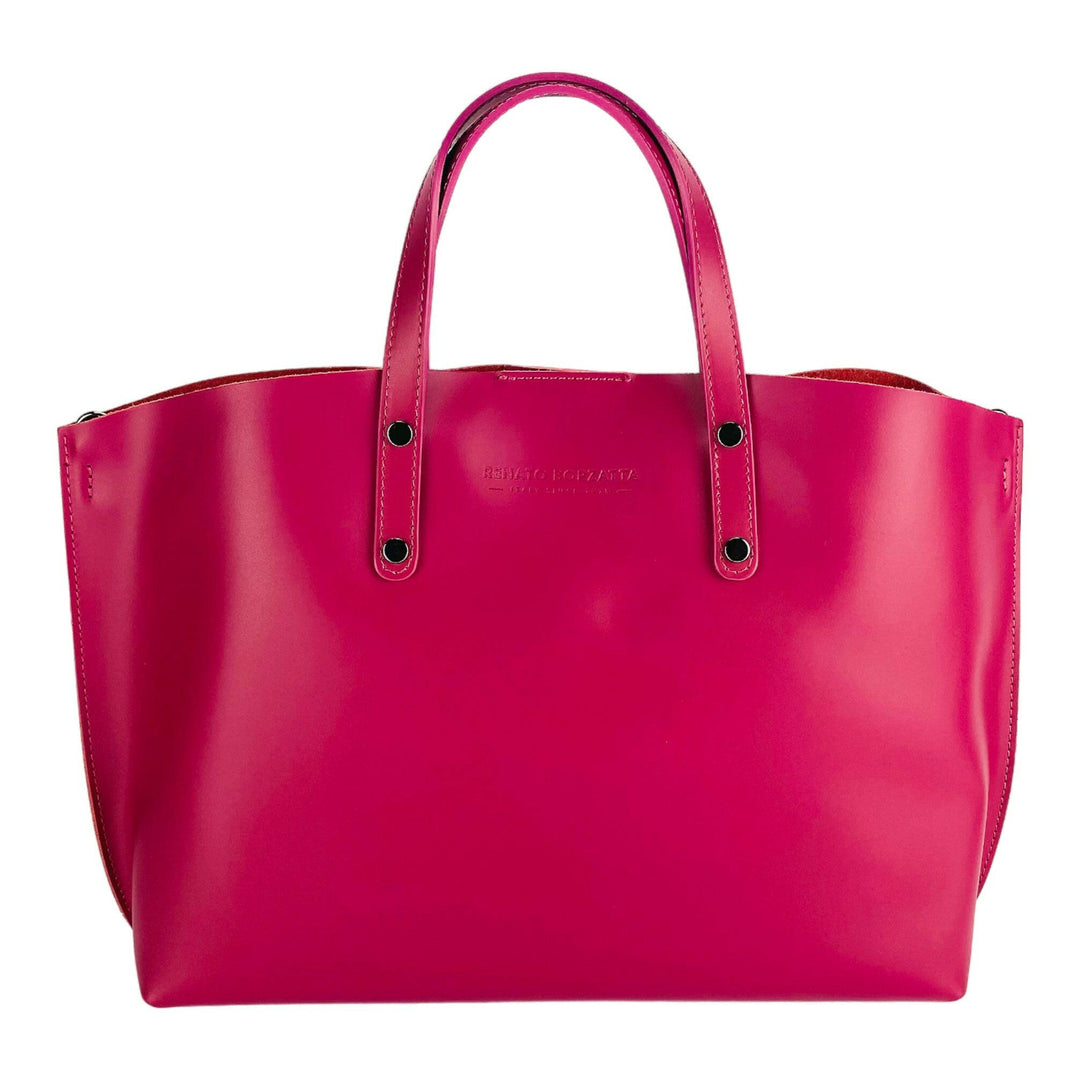 RB1024BE | Women's handbag in genuine leather Made in Italy with removable shoulder strap. Large internal removable bag. Glossy gunmetal accessories - Fuchsia color - Dimensions: 48x31x11 cm-1