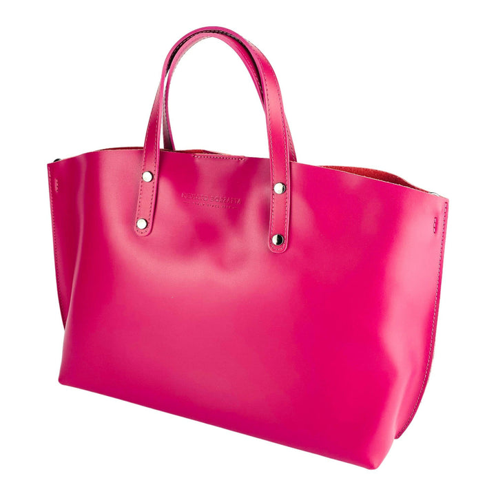 RB1024BE | Women's handbag in genuine leather Made in Italy with removable shoulder strap. Large internal removable bag. Glossy gunmetal accessories - Fuchsia color - Dimensions: 48x31x11 cm-2