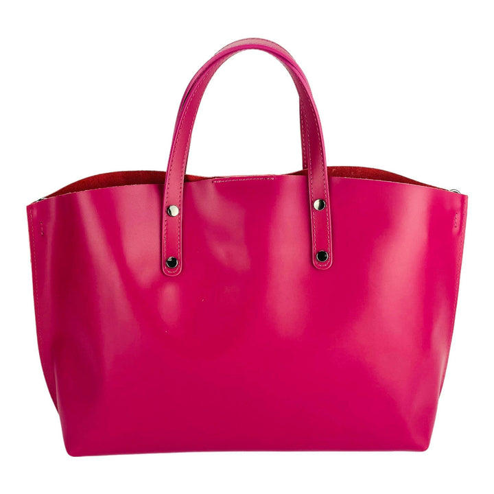 RB1024BE | Women's handbag in genuine leather Made in Italy with removable shoulder strap. Large internal removable bag. Glossy gunmetal accessories - Fuchsia color - Dimensions: 48x31x11 cm-4