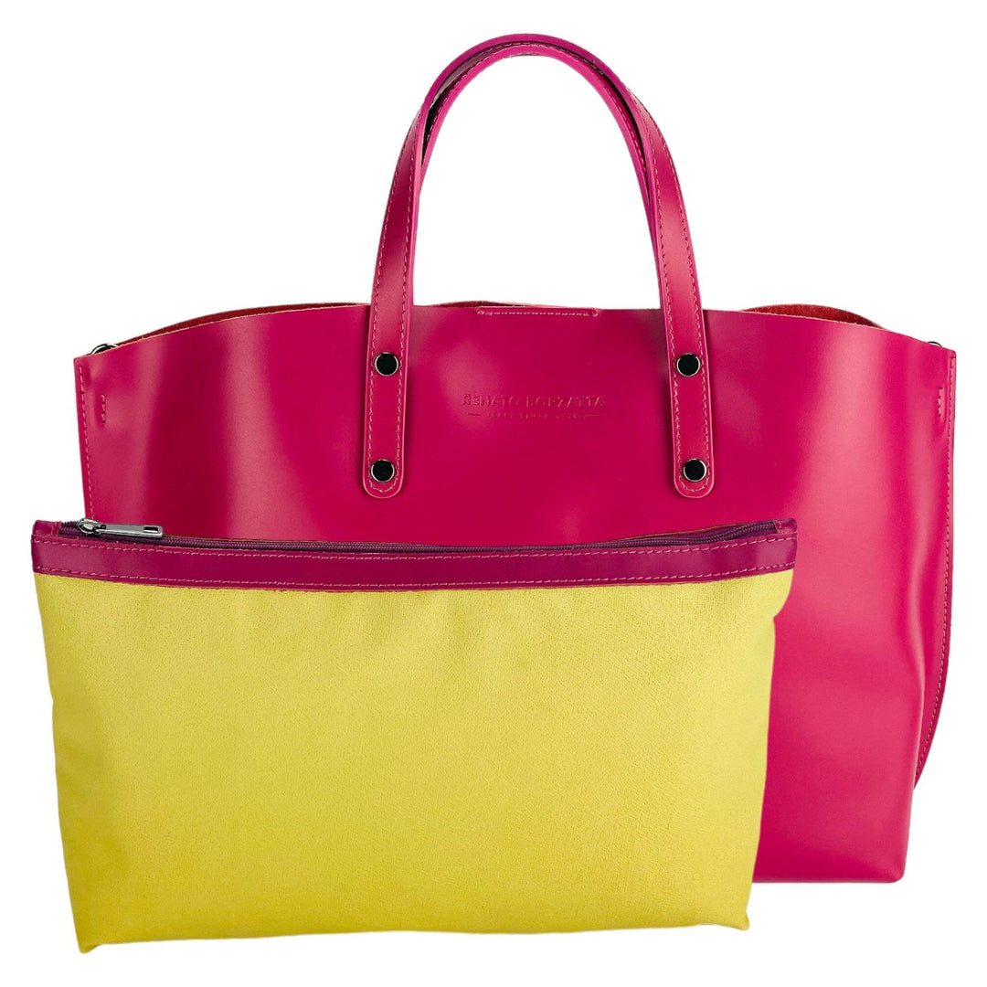 RB1024BE | Women's handbag in genuine leather Made in Italy with removable shoulder strap. Large internal removable bag. Glossy gunmetal accessories - Fuchsia color - Dimensions: 48x31x11 cm-5