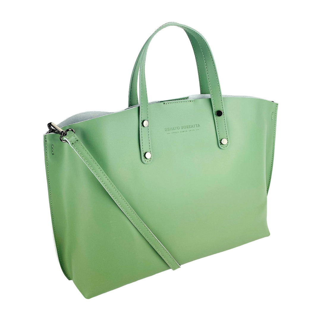 RB1024BF | Women's handbag in genuine leather Made in Italy with removable shoulder strap. Large internal removable bag. Glossy gunmetal accessories - Mint color - Dimensions: 48x31x11 cm-0