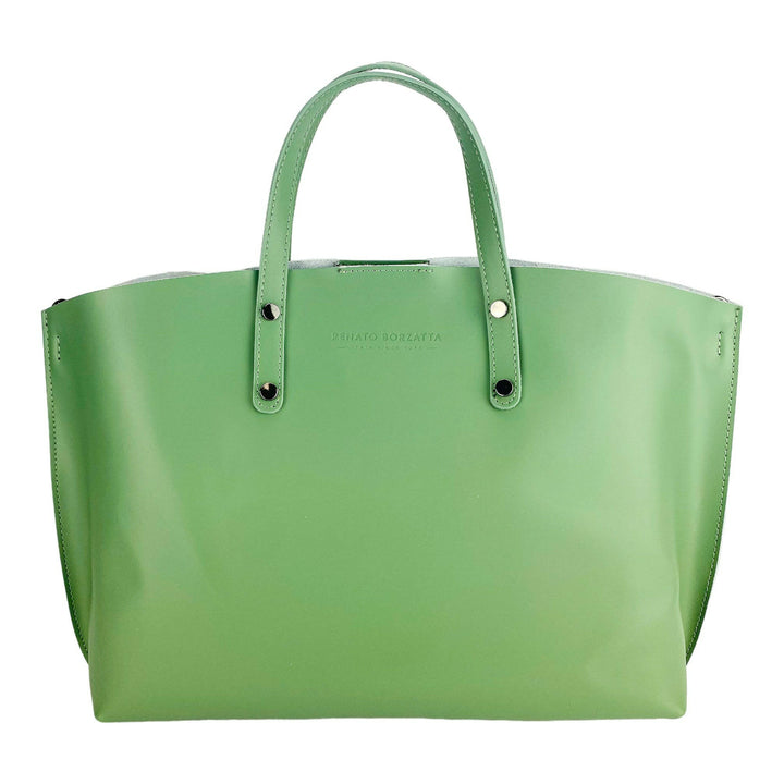 RB1024BF | Women's handbag in genuine leather Made in Italy with removable shoulder strap. Large internal removable bag. Glossy gunmetal accessories - Mint color - Dimensions: 48x31x11 cm-1