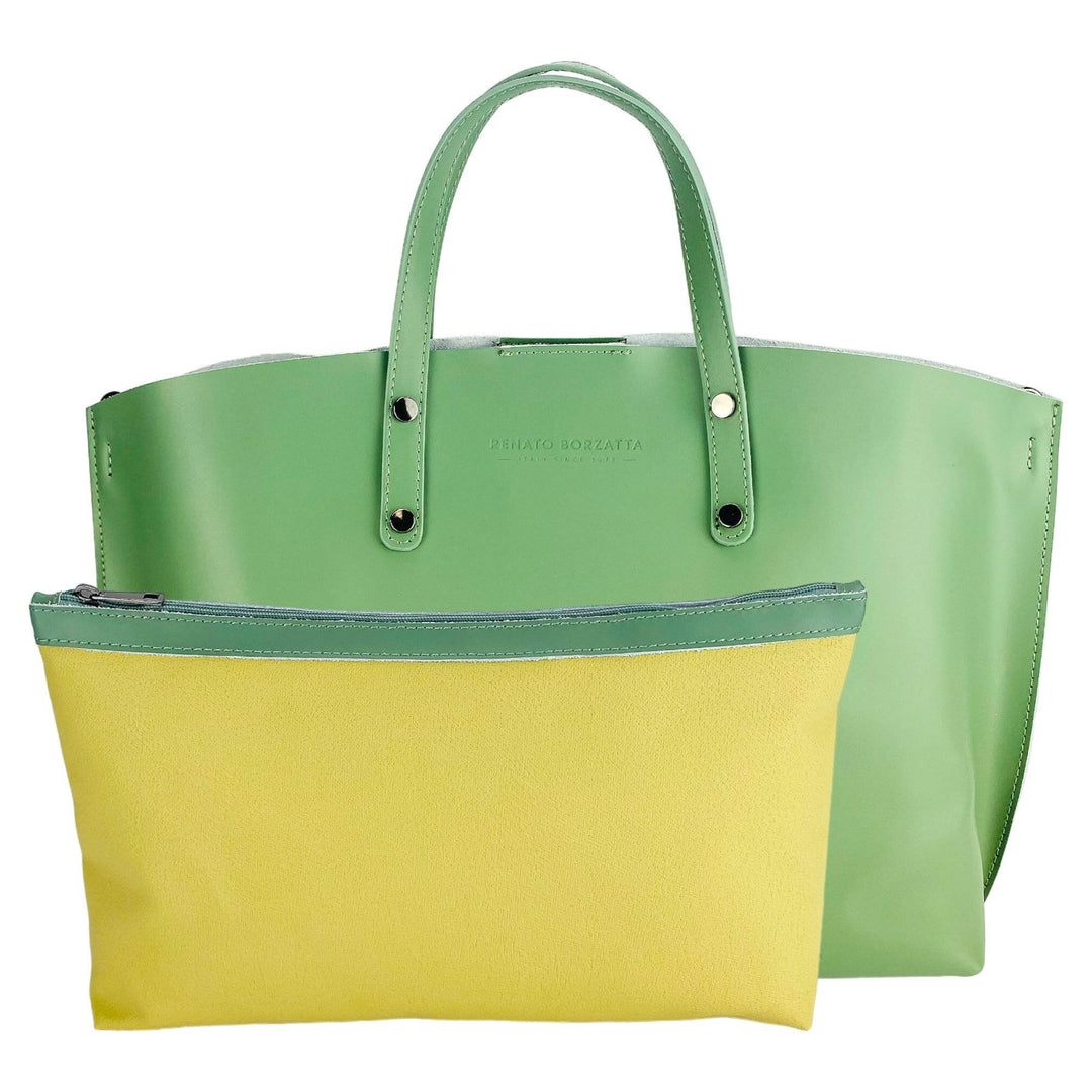 RB1024BF | Women's handbag in genuine leather Made in Italy with removable shoulder strap. Large internal removable bag. Glossy gunmetal accessories - Mint color - Dimensions: 48x31x11 cm-5