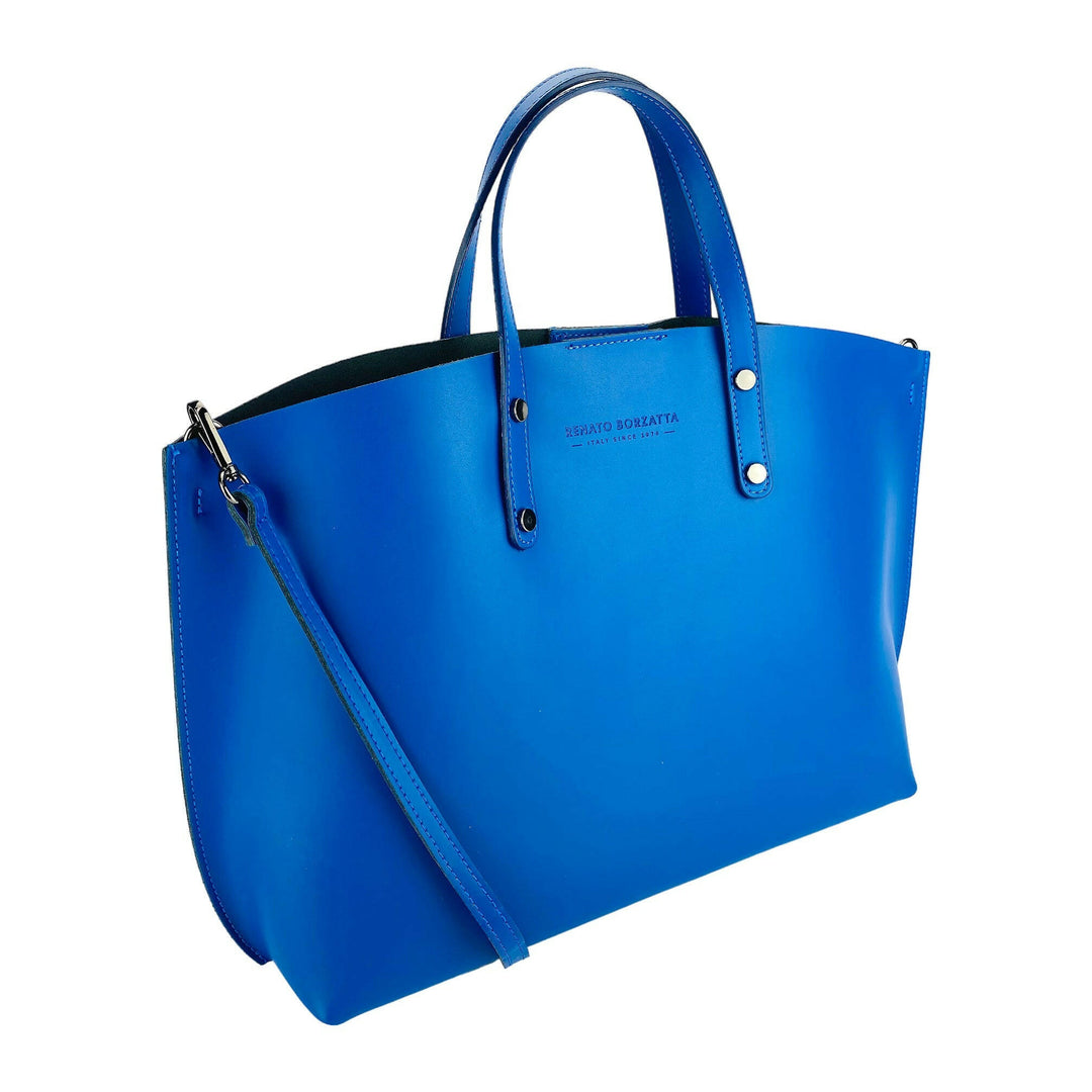 RB1024CH | Women's handbag in genuine leather Made in Italy with removable shoulder strap. Large internal removable bag. Polished gunmetal accessories - Royal blue color - Dimensions: 48x31x11 cm-0