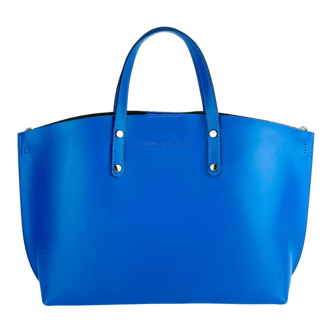 RB1024CH | Women's handbag in genuine leather Made in Italy with removable shoulder strap. Large internal removable bag. Polished gunmetal accessories - Royal blue color - Dimensions: 48x31x11 cm-1