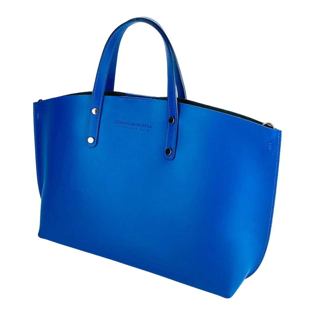 RB1024CH | Women's handbag in genuine leather Made in Italy with removable shoulder strap. Large internal removable bag. Polished gunmetal accessories - Royal blue color - Dimensions: 48x31x11 cm-2
