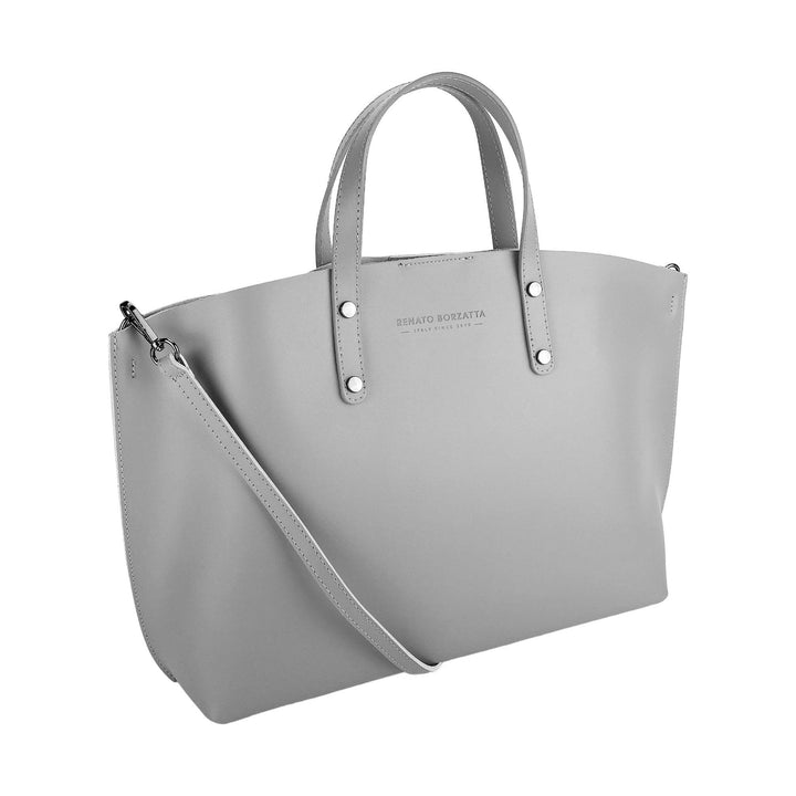 RB1024F | Women's handbag in genuine leather Made in Italy with removable shoulder strap. Large internal removable bag. Polished gunmetal accessories - Gray color - Dimensions: 48x31x11 cm-0