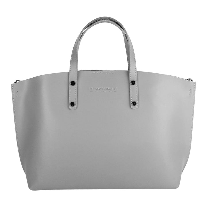 RB1024F | Women's handbag in genuine leather Made in Italy with removable shoulder strap. Large internal removable bag. Polished gunmetal accessories - Gray color - Dimensions: 48x31x11 cm-1