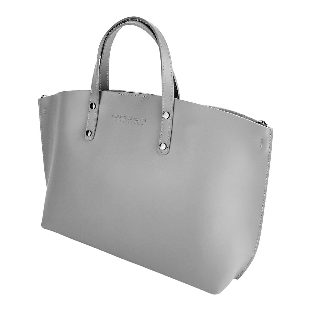RB1024F | Women's handbag in genuine leather Made in Italy with removable shoulder strap. Large internal removable bag. Polished gunmetal accessories - Gray color - Dimensions: 48x31x11 cm-2