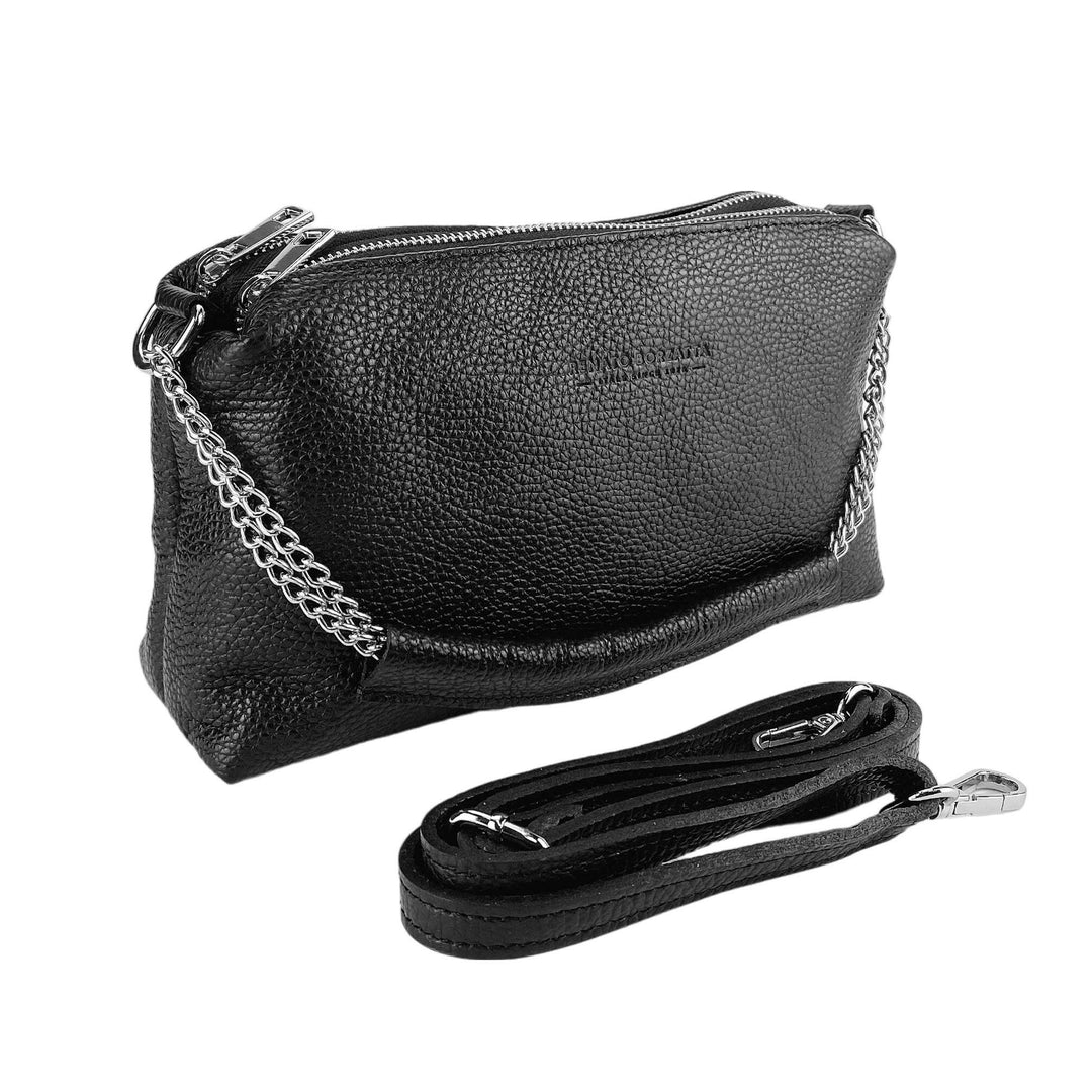 RB1025A | Women's handbag with double zip in Genuine Leather Made in Italy. Adjustable leather shoulder strap. Polished Nickel Accessories - Black Color - Dimensions: 26 x 14 x 9 cm-0