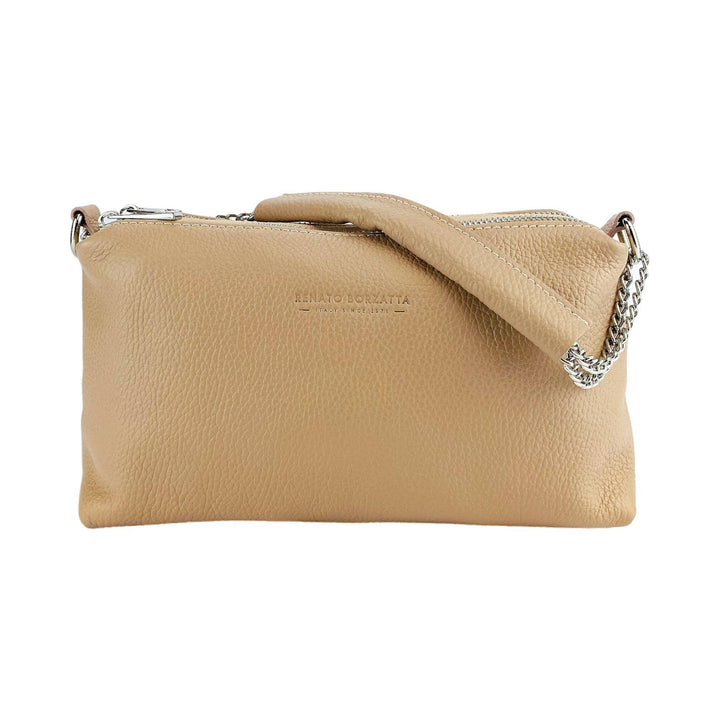 RB1025AU | Women's handbag with double zip in Genuine Leather Made in Italy. Adjustable leather shoulder strap. Accessories Polished Nickel - Powder color - Dimensions: 26 x 14 x 9 cm-3