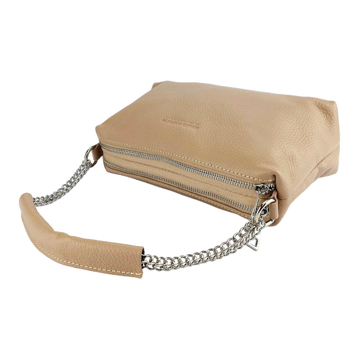 RB1025AU | Women's handbag with double zip in Genuine Leather Made in Italy. Adjustable leather shoulder strap. Accessories Polished Nickel - Powder color - Dimensions: 26 x 14 x 9 cm-6