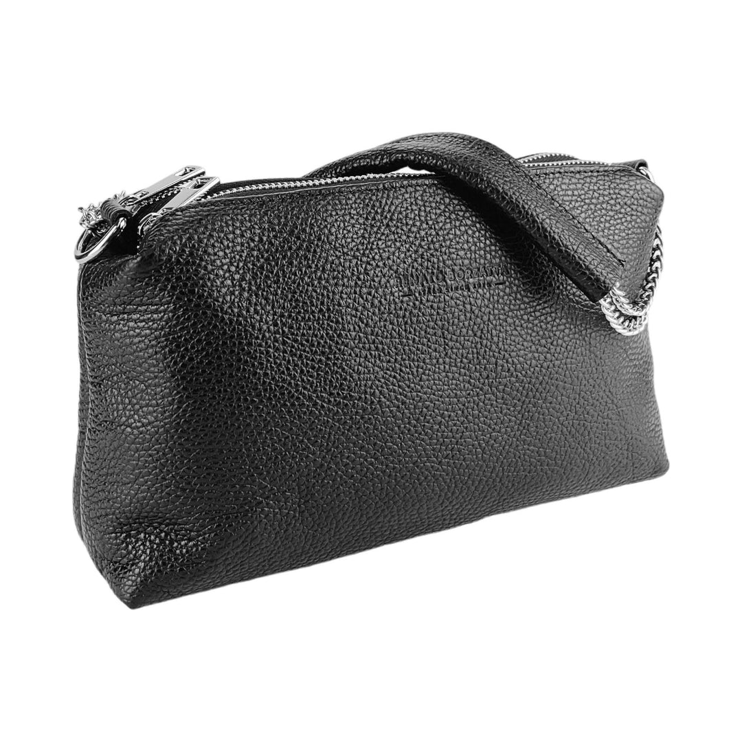 RB1025A | Women's handbag with double zip in Genuine Leather Made in Italy. Adjustable leather shoulder strap. Polished Nickel Accessories - Black Color - Dimensions: 26 x 14 x 9 cm-1