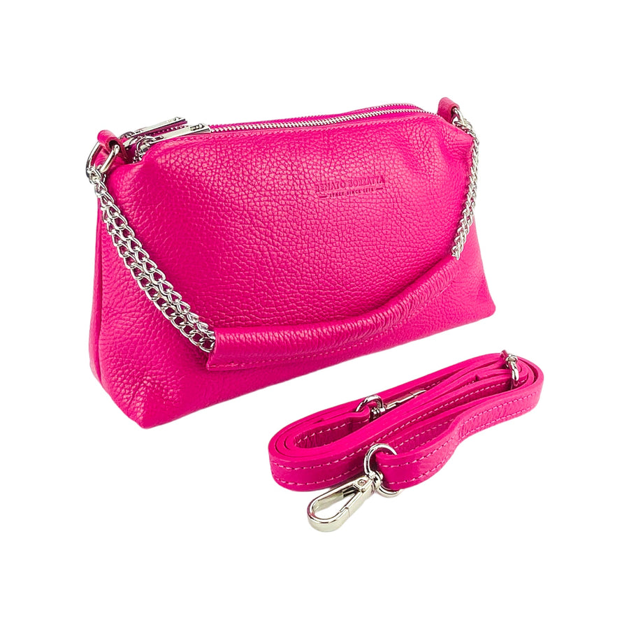 RB1025BE | Women's handbag with double zip in Genuine Leather Made in Italy. Adjustable leather shoulder strap. Polished Nickel Accessories - Fuchsia color - Dimensions: 26 x 14 x 9 cm-0