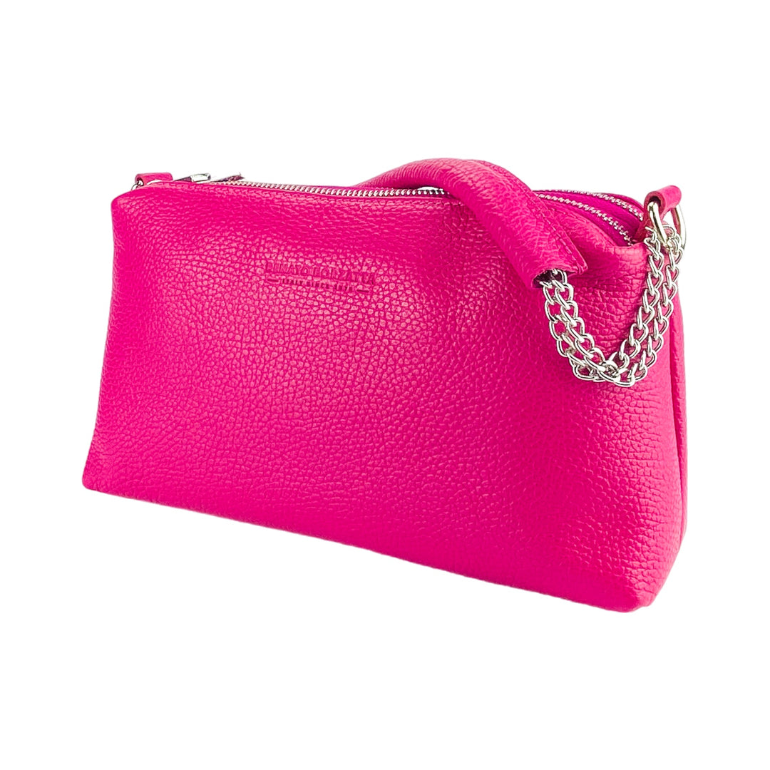 RB1025BE | Women's handbag with double zip in Genuine Leather Made in Italy. Adjustable leather shoulder strap. Polished Nickel Accessories - Fuchsia color - Dimensions: 26 x 14 x 9 cm-2