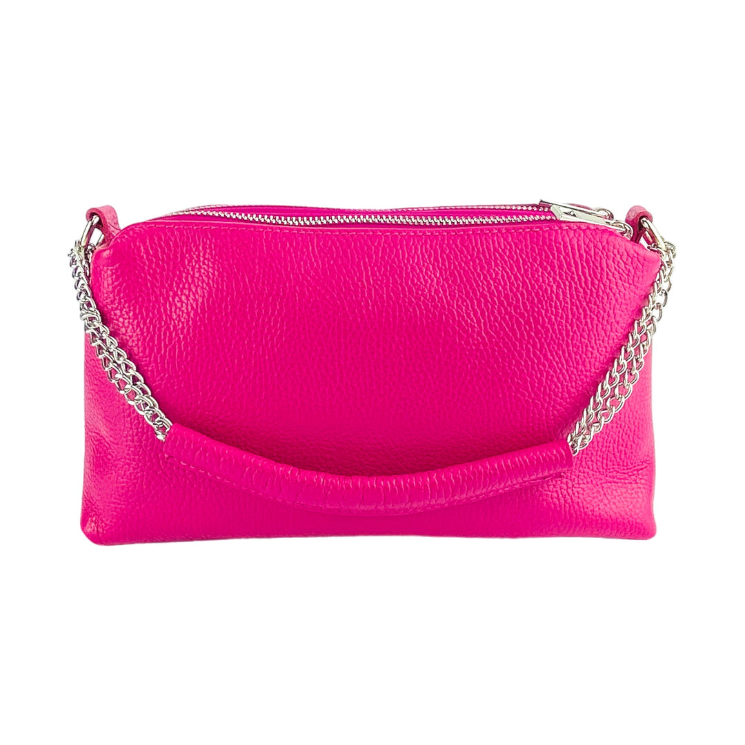 RB1025BE | Women's handbag with double zip in Genuine Leather Made in Italy. Adjustable leather shoulder strap. Polished Nickel Accessories - Fuchsia color - Dimensions: 26 x 14 x 9 cm-4