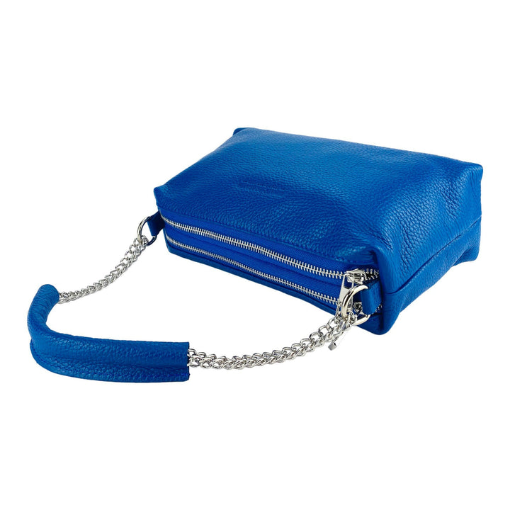 RB1025CH | Women's handbag with double zip in Genuine Leather Made in Italy. Adjustable leather shoulder strap. Polished Nickel Accessories - Royal Blue Color - Dimensions: 26 x 14 x 9 cm-6