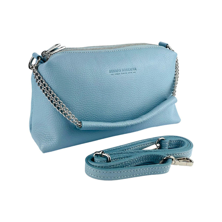 RB1025CL | Women's handbag with double zip in Genuine Leather Made in Italy. Adjustable leather shoulder strap. Polished Nickel Accessories - Light Blue Color - Dimensions: 26 x 14 x 9 cm-0