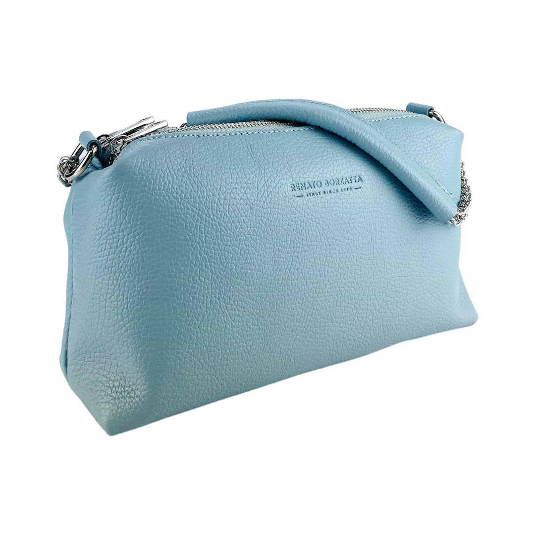 RB1025CL | Women's handbag with double zip in Genuine Leather Made in Italy. Adjustable leather shoulder strap. Polished Nickel Accessories - Light Blue Color - Dimensions: 26 x 14 x 9 cm-1