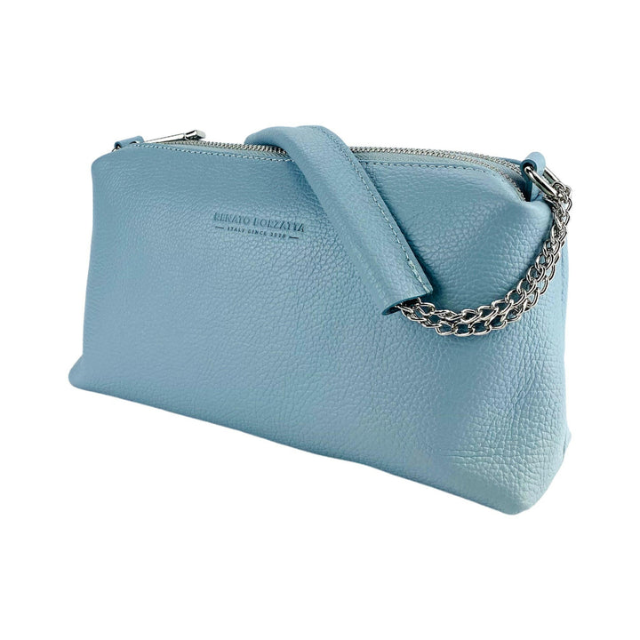 RB1025CL | Women's handbag with double zip in Genuine Leather Made in Italy. Adjustable leather shoulder strap. Polished Nickel Accessories - Light Blue Color - Dimensions: 26 x 14 x 9 cm-2