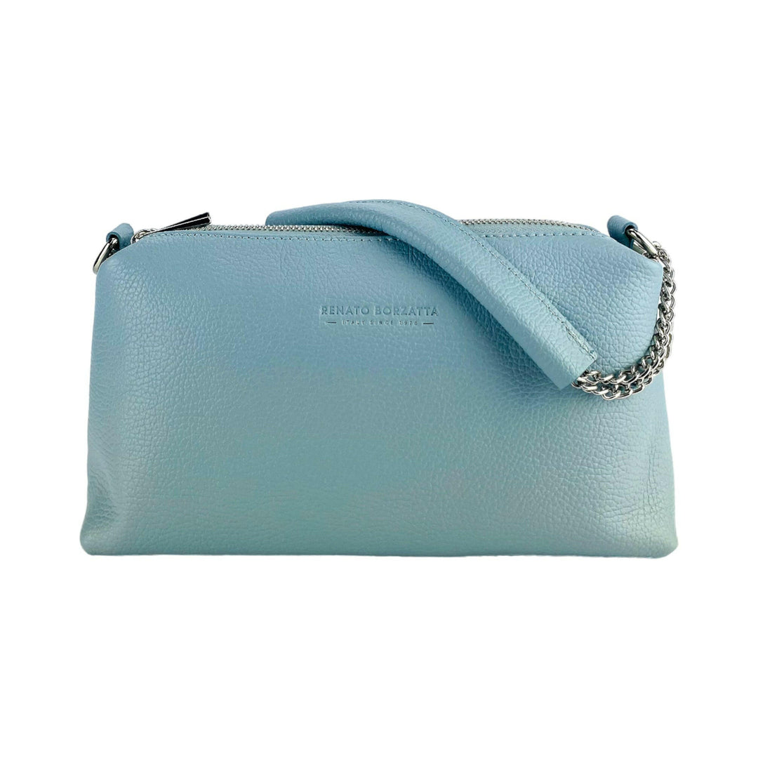 RB1025CL | Women's handbag with double zip in Genuine Leather Made in Italy. Adjustable leather shoulder strap. Polished Nickel Accessories - Light Blue Color - Dimensions: 26 x 14 x 9 cm-3