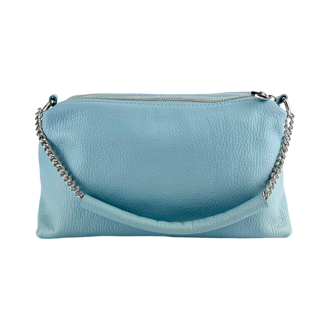 RB1025CL | Women's handbag with double zip in Genuine Leather Made in Italy. Adjustable leather shoulder strap. Polished Nickel Accessories - Light Blue Color - Dimensions: 26 x 14 x 9 cm-4