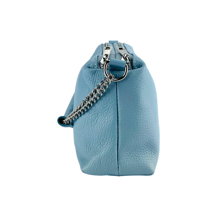 RB1025CL | Women's handbag with double zip in Genuine Leather Made in Italy. Adjustable leather shoulder strap. Polished Nickel Accessories - Light Blue Color - Dimensions: 26 x 14 x 9 cm-5
