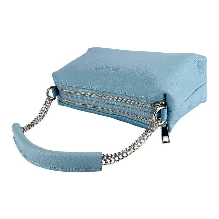 RB1025CL | Women's handbag with double zip in Genuine Leather Made in Italy. Adjustable leather shoulder strap. Polished Nickel Accessories - Light Blue Color - Dimensions: 26 x 14 x 9 cm-6