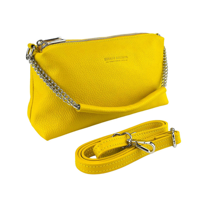 RB1025R | Women's handbag with double zip in Genuine Leather Made in Italy. Adjustable leather shoulder strap. Polished Nickel Accessories - Yellow Color - Dimensions: 26 x 14 x 9 cm-0