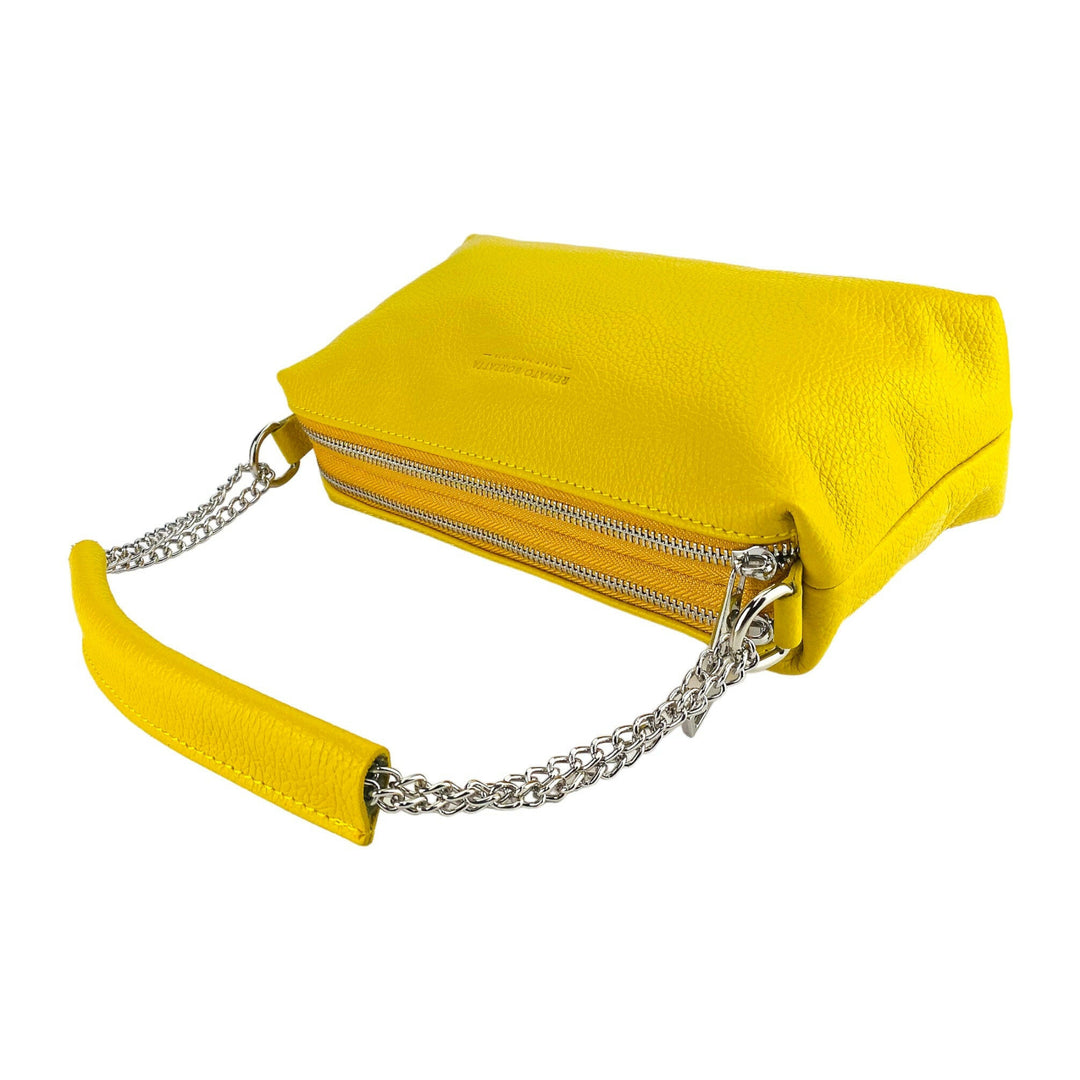 RB1025R | Women's handbag with double zip in Genuine Leather Made in Italy. Adjustable leather shoulder strap. Polished Nickel Accessories - Yellow Color - Dimensions: 26 x 14 x 9 cm-6