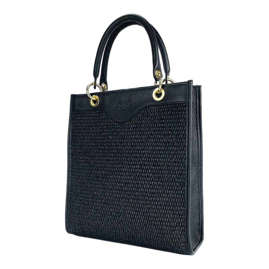 RB1026A | Vertical women's handbag in genuine leather and straw Made in Italy. Removable and adjustable leather shoulder strap. Polished Gold Accessories - Black Color - Dimensions: 24 x 29 x 9 cm-0