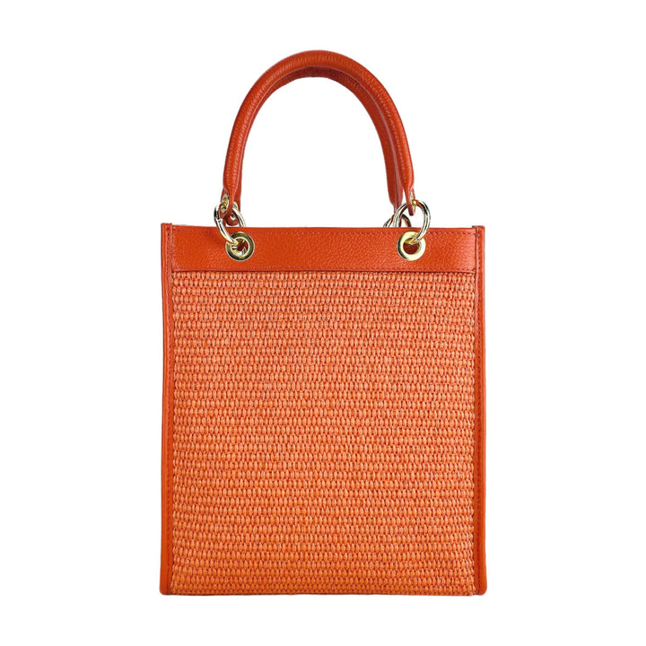 RB1026BM | Vertical women's handbag in genuine leather and straw Made in Italy. Removable and adjustable leather shoulder strap. Polished Gold Accessories - Coral Color - Dimensions: 24 x 29 x 9 cm-4