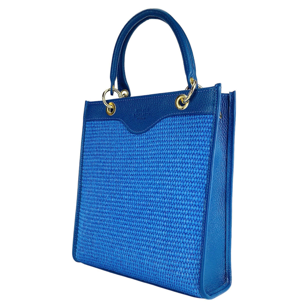 RB1026CH | Vertical women's handbag in genuine leather and straw Made in Italy. Removable and adjustable leather shoulder strap. Polished Gold Accessories - Royal Blue Color - Dimensions: 24 x 29 x 9 cm-0