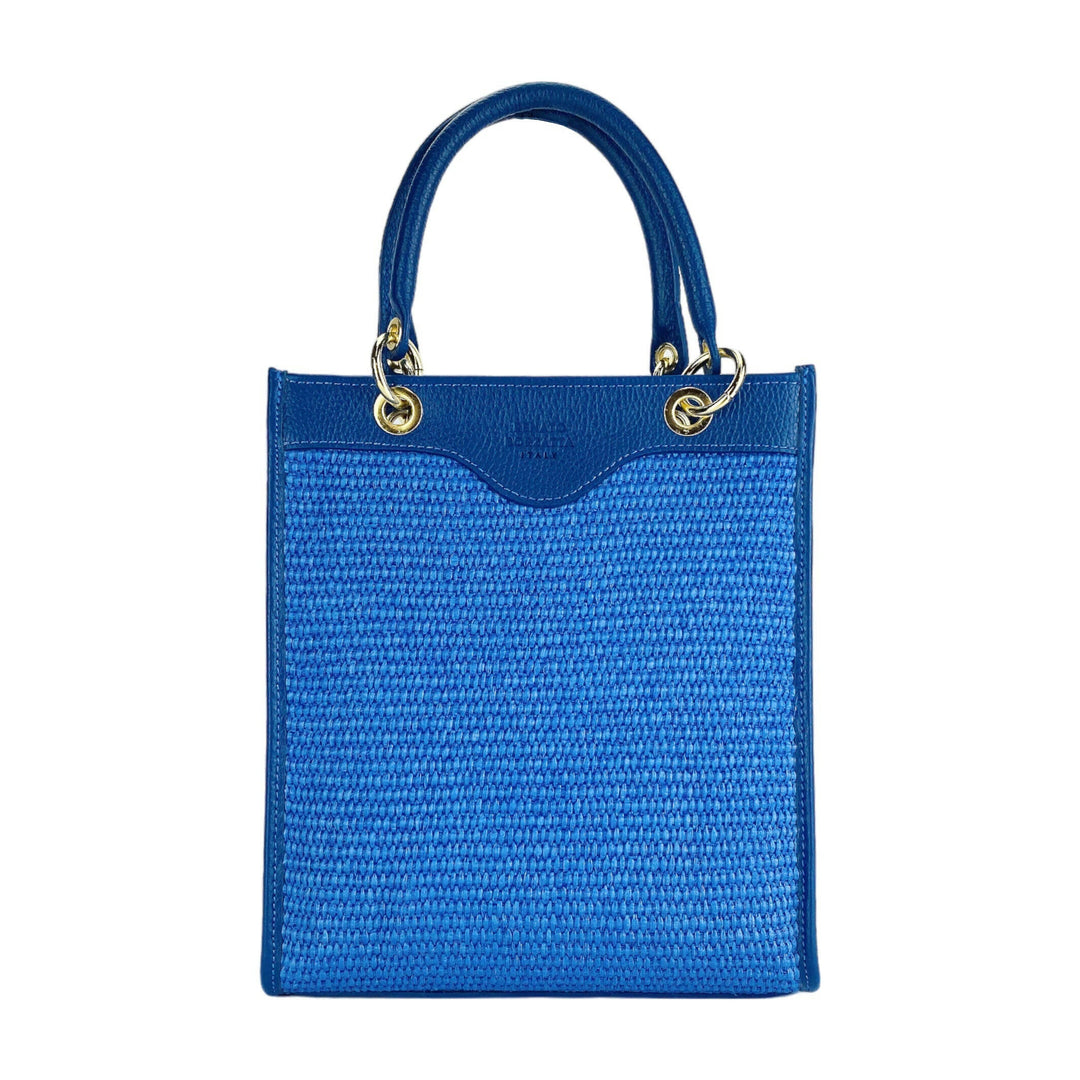 RB1026CH | Vertical women's handbag in genuine leather and straw Made in Italy. Removable and adjustable leather shoulder strap. Polished Gold Accessories - Royal Blue Color - Dimensions: 24 x 29 x 9 cm-1
