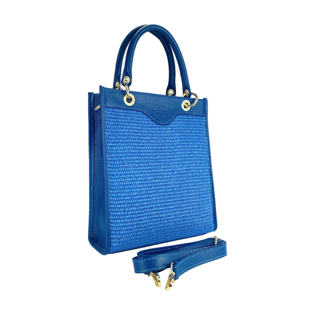 RB1026CH | Vertical women's handbag in genuine leather and straw Made in Italy. Removable and adjustable leather shoulder strap. Polished Gold Accessories - Royal Blue Color - Dimensions: 24 x 29 x 9 cm-2