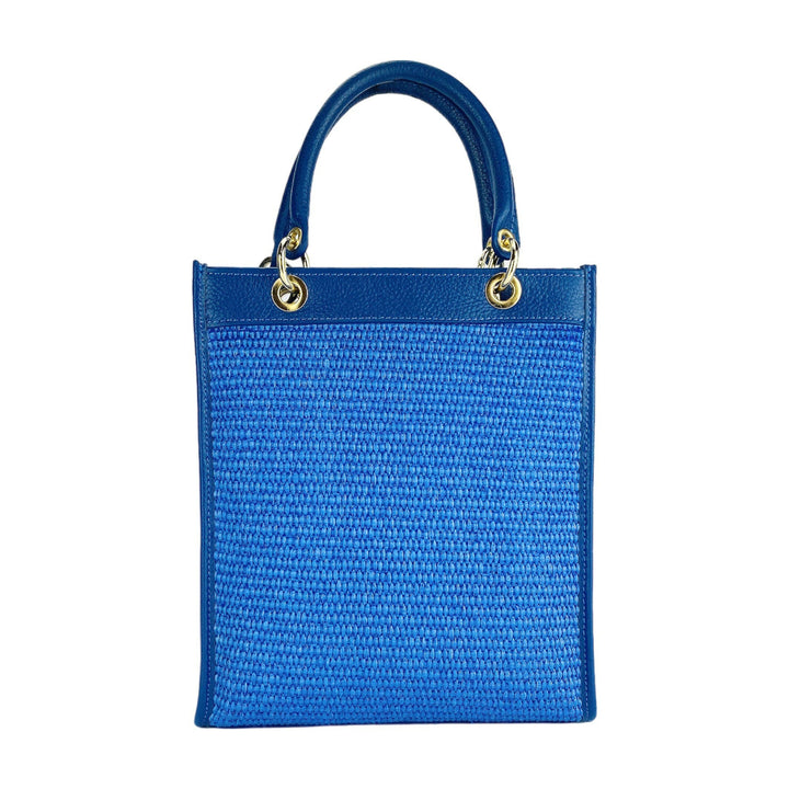 RB1026CH | Vertical women's handbag in genuine leather and straw Made in Italy. Removable and adjustable leather shoulder strap. Polished Gold Accessories - Royal Blue Color - Dimensions: 24 x 29 x 9 cm-4