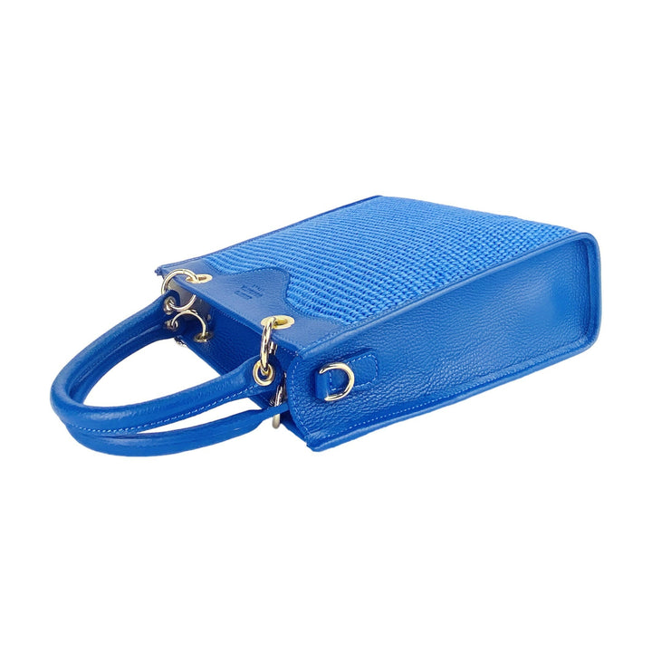 RB1026CH | Vertical women's handbag in genuine leather and straw Made in Italy. Removable and adjustable leather shoulder strap. Polished Gold Accessories - Royal Blue Color - Dimensions: 24 x 29 x 9 cm-5