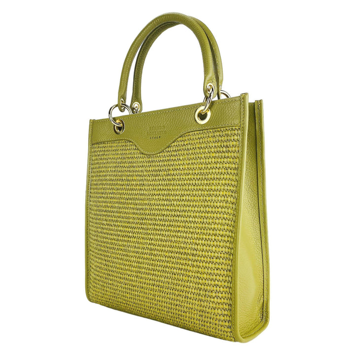 RB1026CM | Vertical women's handbag in genuine leather and straw Made in Italy. Removable and adjustable leather shoulder strap. Polished Gold Accessories - Pistachio Color - Dimensions: 24 x 29 x 9 cm-0
