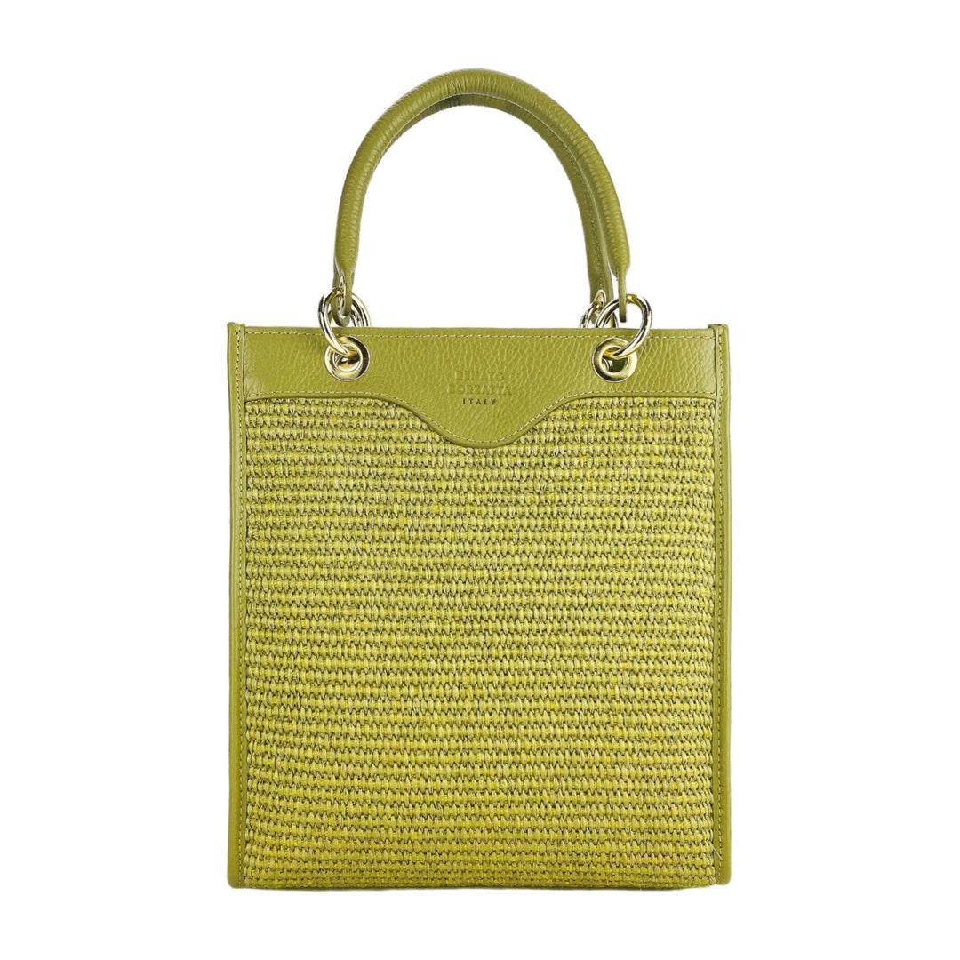 RB1026CM | Vertical women's handbag in genuine leather and straw Made in Italy. Removable and adjustable leather shoulder strap. Polished Gold Accessories - Pistachio Color - Dimensions: 24 x 29 x 9 cm-1