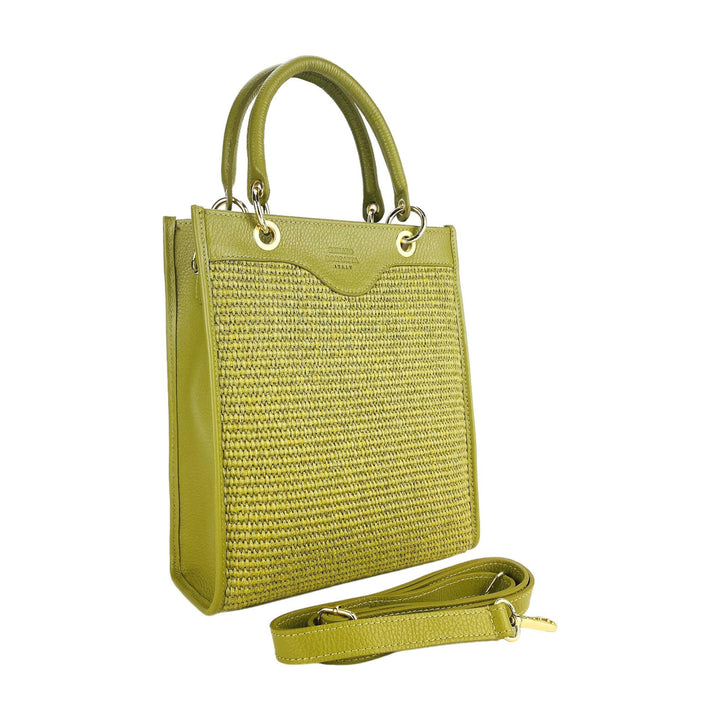 RB1026CM | Vertical women's handbag in genuine leather and straw Made in Italy. Removable and adjustable leather shoulder strap. Polished Gold Accessories - Pistachio Color - Dimensions: 24 x 29 x 9 cm-2