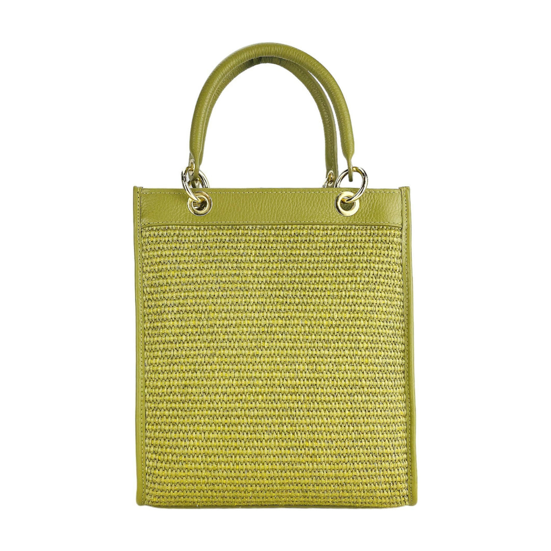 RB1026CM | Vertical women's handbag in genuine leather and straw Made in Italy. Removable and adjustable leather shoulder strap. Polished Gold Accessories - Pistachio Color - Dimensions: 24 x 29 x 9 cm-4