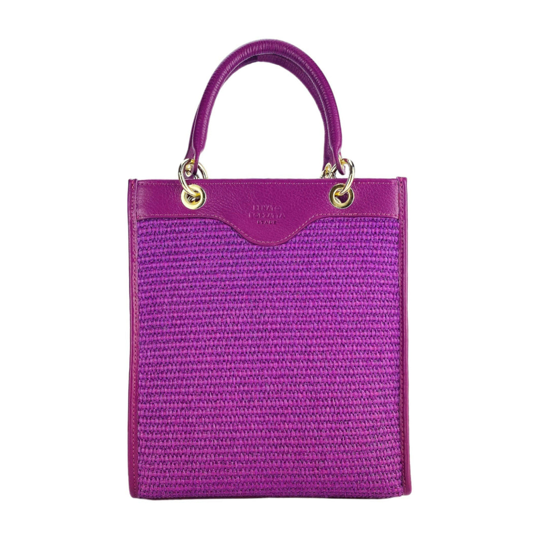 RB1026CN | Vertical women's handbag in genuine leather and straw Made in Italy. Removable and adjustable leather shoulder strap. Polished Gold Accessories - Raspberry Color - Dimensions: 24 x 29 x 9 cm-1