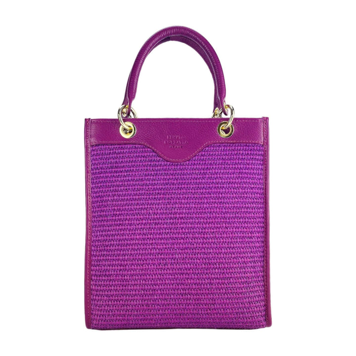 RB1026CN | Vertical women's handbag in genuine leather and straw Made in Italy. Removable and adjustable leather shoulder strap. Polished Gold Accessories - Raspberry Color - Dimensions: 24 x 29 x 9 cm-Shangri-La Fashion