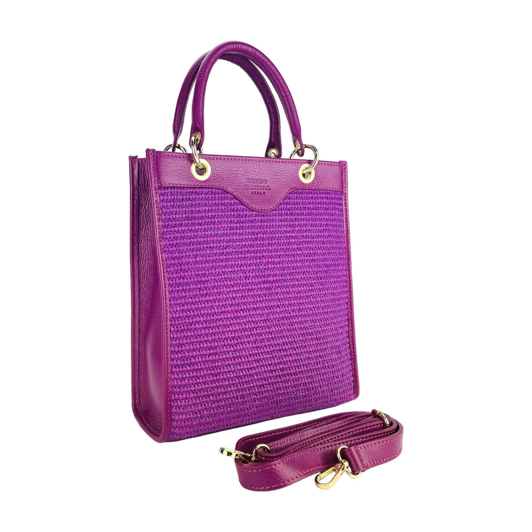 RB1026CN | Vertical women's handbag in genuine leather and straw Made in Italy. Removable and adjustable leather shoulder strap. Polished Gold Accessories - Raspberry Color - Dimensions: 24 x 29 x 9 cm-Shangri-La Fashion