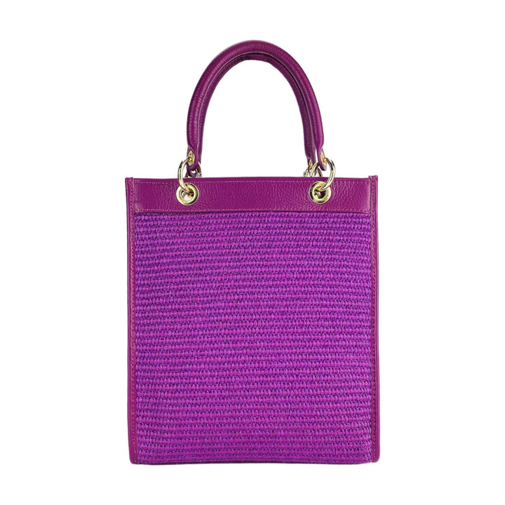 RB1026CN | Vertical women's handbag in genuine leather and straw Made in Italy. Removable and adjustable leather shoulder strap. Polished Gold Accessories - Raspberry Color - Dimensions: 24 x 29 x 9 cm-Shangri-La Fashion