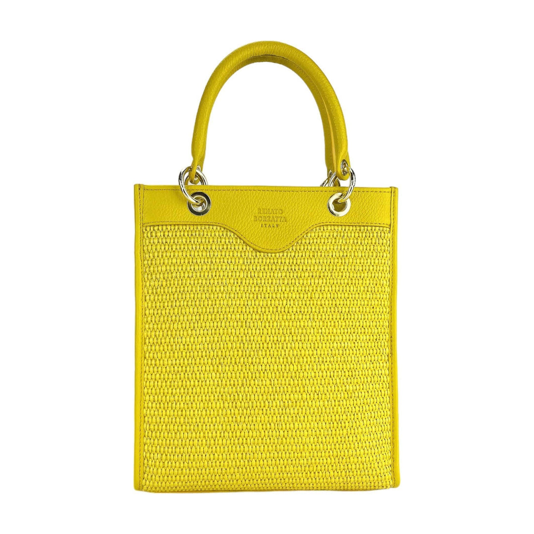 RB1026R | Vertical women's handbag in genuine leather and straw Made in Italy. Removable and adjustable leather shoulder strap. Polished Gold Accessories - Yellow Color - Dimensions: 24 x 29 x 9 cm-Shangri-La Fashion