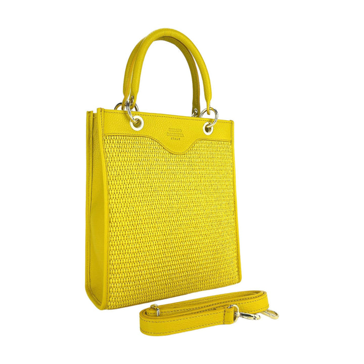 RB1026R | Vertical women's handbag in genuine leather and straw Made in Italy. Removable and adjustable leather shoulder strap. Polished Gold Accessories - Yellow Color - Dimensions: 24 x 29 x 9 cm-2