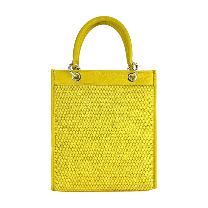 RB1026R | Vertical women's handbag in genuine leather and straw Made in Italy. Removable and adjustable leather shoulder strap. Polished Gold Accessories - Yellow Color - Dimensions: 24 x 29 x 9 cm-Shangri-La Fashion