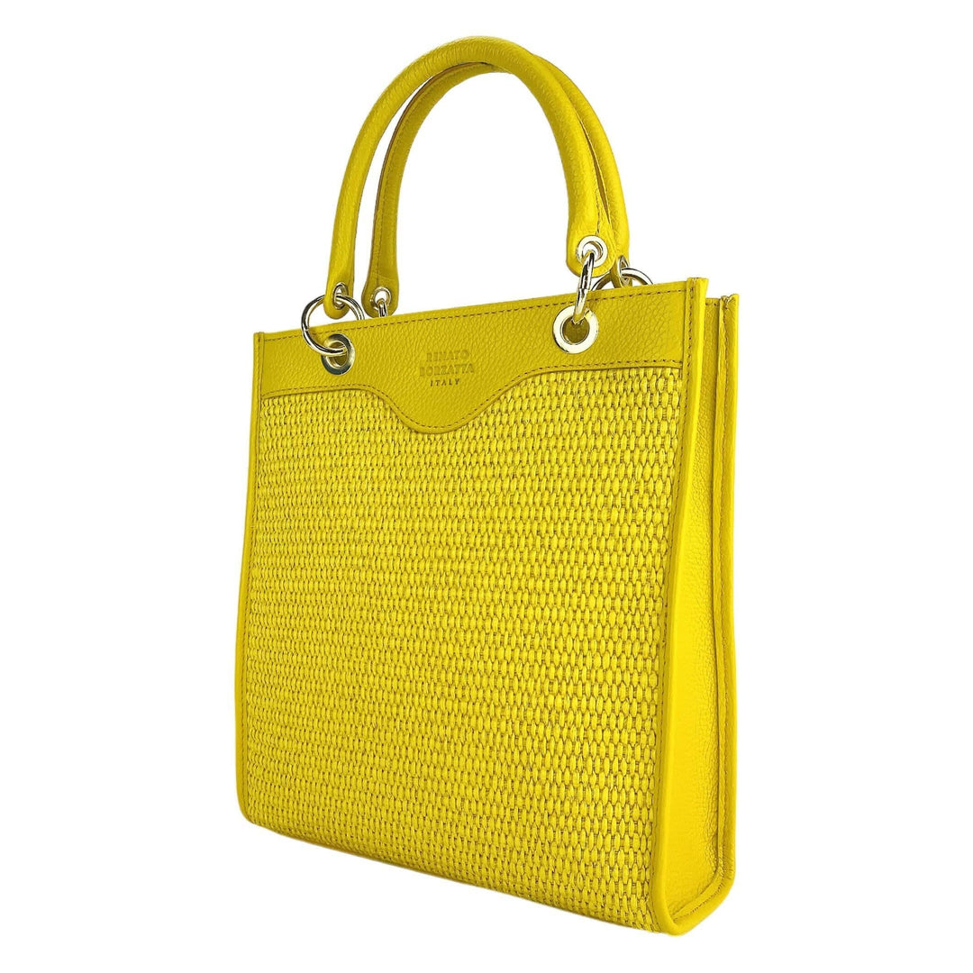 RB1026R | Vertical women's handbag in genuine leather and straw Made in Italy. Removable and adjustable leather shoulder strap. Polished Gold Accessories - Yellow Color - Dimensions: 24 x 29 x 9 cm-Shangri-La Fashion